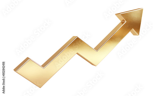 Gold up arrow success isolated on white 3d background with growth direction graph graphic symbol or golden economy stock profit chart icon element and investment financial achievement market photo