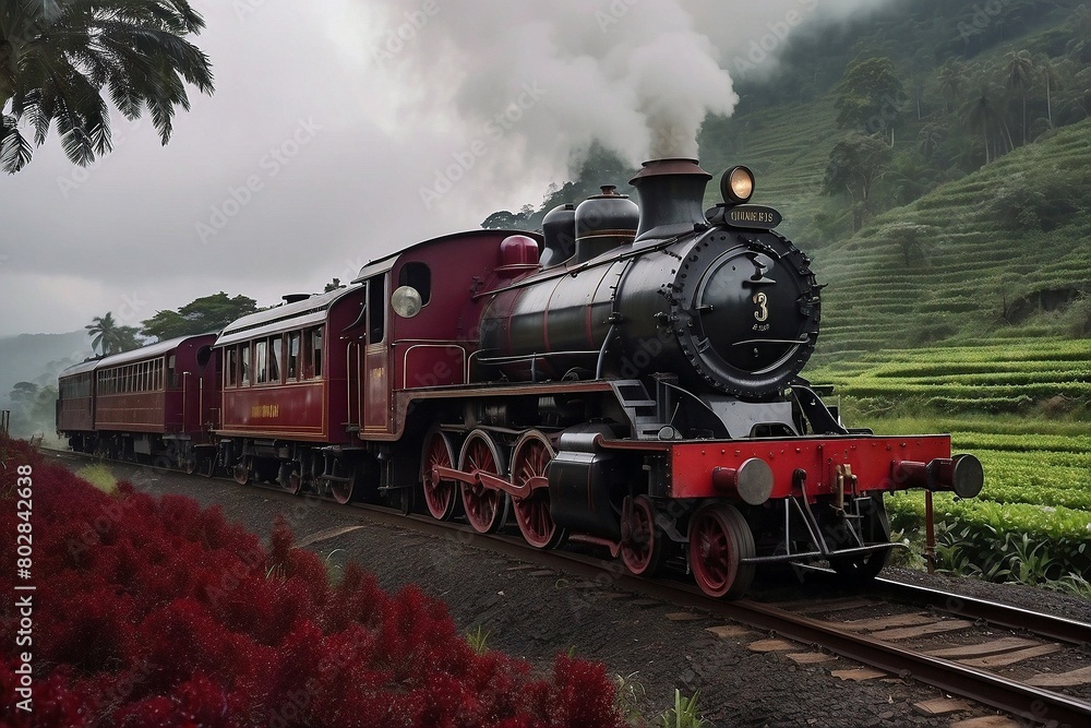 Obraz premium old train at hill side tea plantations
