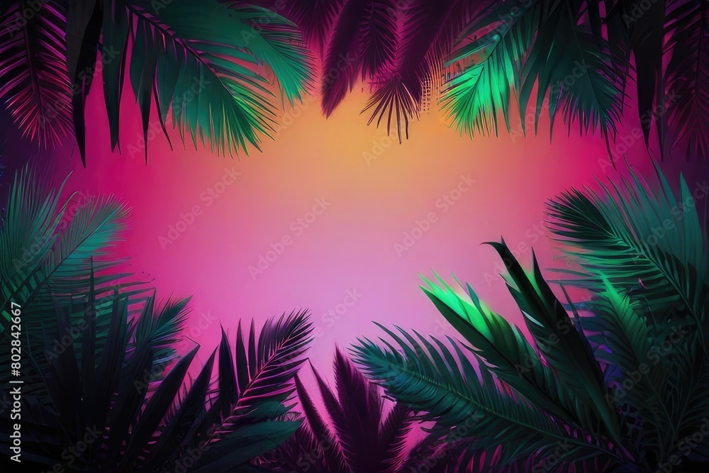 Neon light with tropical leaf summer background. Close up of bright neon leaves background. Close-up of bright neon colored leaves as an abstract background. Neon leaf background