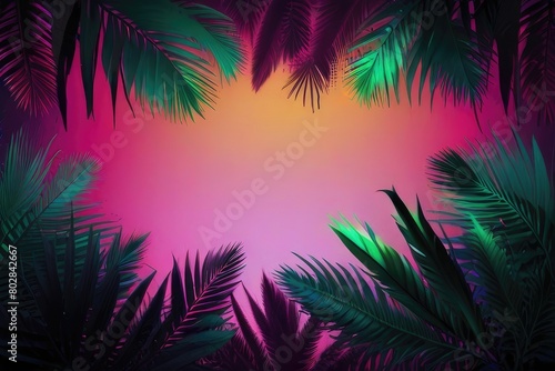 Neon light with tropical leaf summer background. Close up of bright neon leaves background. Close-up of bright neon colored leaves as an abstract background. Neon leaf background © AsPor