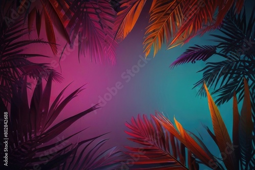 Neon light with tropical leaf summer background. Close up of bright neon leaves background. Close-up of bright neon colored leaves as an abstract background. Neon leaf background © AsPor