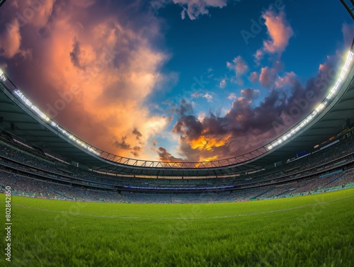 Dusk sky with dramatic clouds over an empty soccer stadium, capturing the serene atmosphere of a sports venue at twilight.