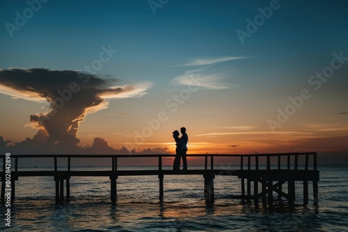 Discover the romantic silhouette of a couple embracing on a pier, the setting sun casting a warm glow around them as they watch, Generative AI