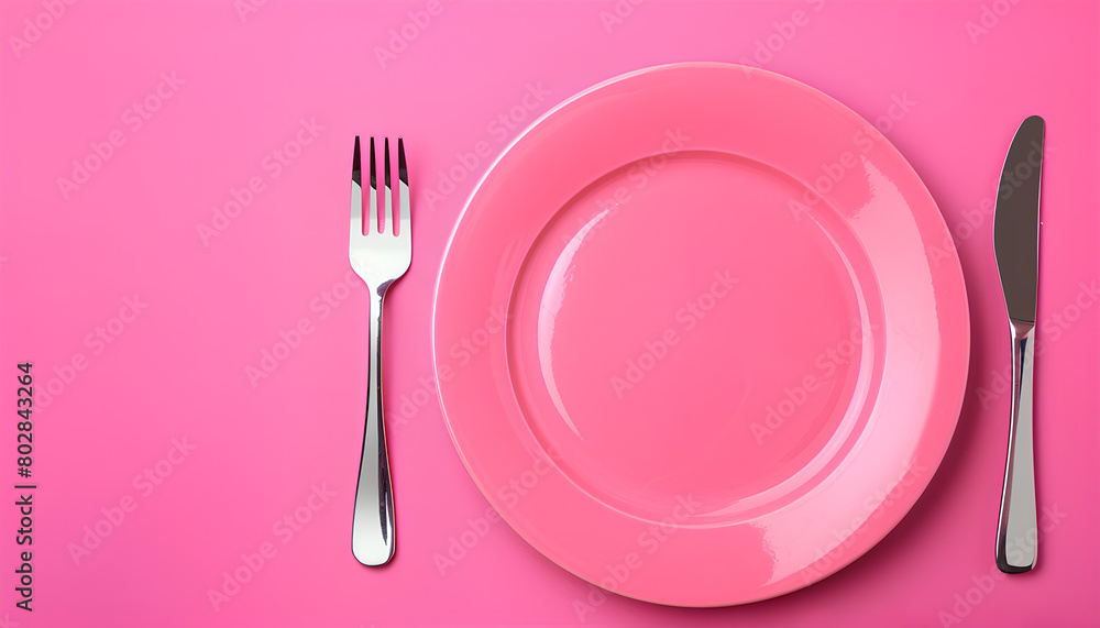Plate and cutlery on color background. Diet concept Plate and cutlery on color background. Diet concept