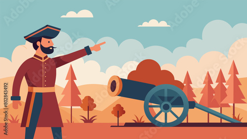 A guide pointing to a cannon at a battleground and sharing tales of bravery and sacrifice of the soldiers who fought there for the sake of freedom.. Vector illustration