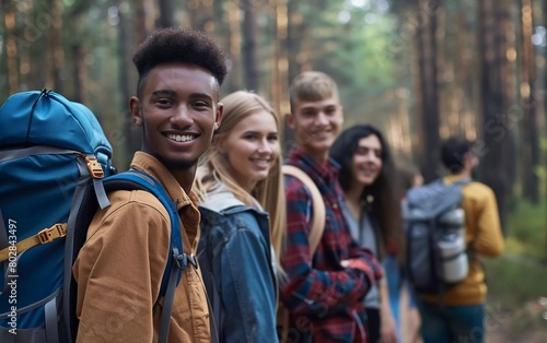group of smiling friends walking with backpacks in the forest