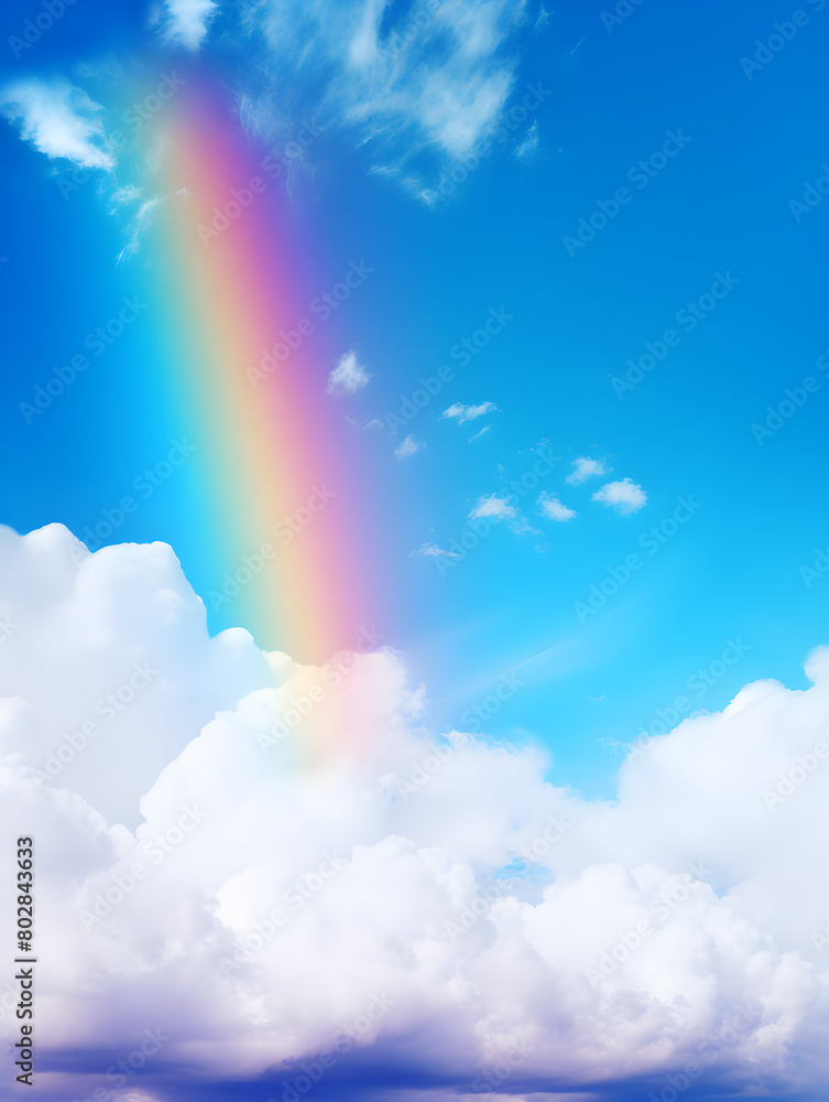 Abstract illustration background with a rainbow in blue sky with clouds Abstract illustration background with a rainbow in blue sky with clouds