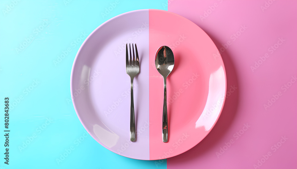 Plate and cutlery on color background. Diet concept Plate and cutlery on color background. Diet concept
