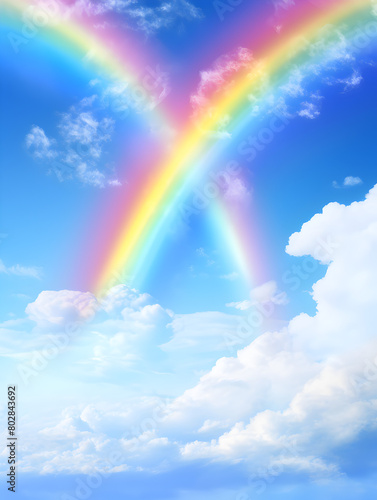Abstract illustration background with a rainbow in blue sky with clouds 