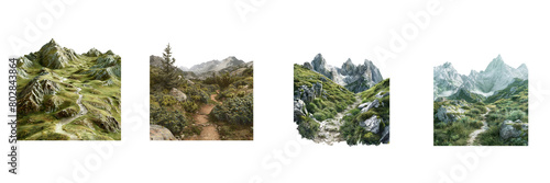 Summer landscape in mountains with trail isolated on a transparent background 
