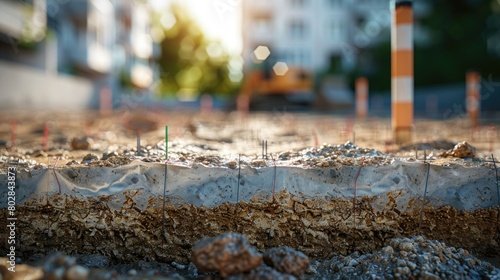 Image shows closeup of rebar and concrete foundation of a building under construction.