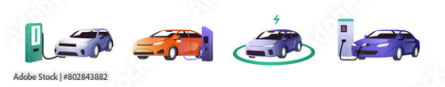 Electric cars recharge set. Automobiles parking on charging stations. Vehicles on sustainable energy refuel at auto charger. Eco clean transport. Flat isolated vector illustrations on white background