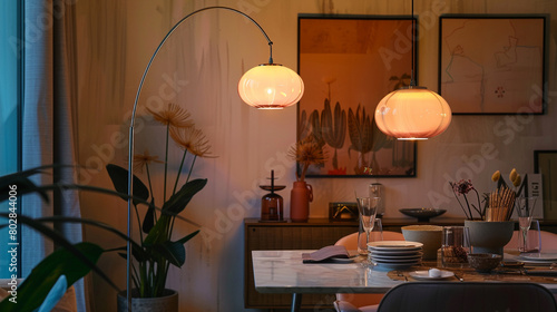 Gentle illumination from a nickel-based  blush pink floor lamp in a cozy dining room.