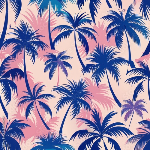 Seamless pattern of tropical palm trees swaying in a gentle breeze, Generative AI