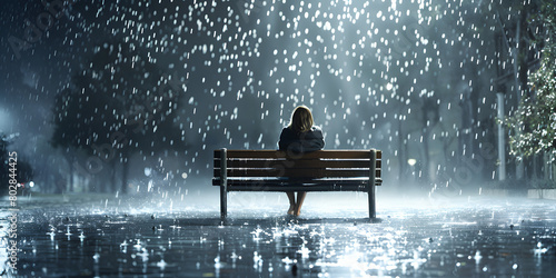 Mulher solitária em um banco na chuva photo