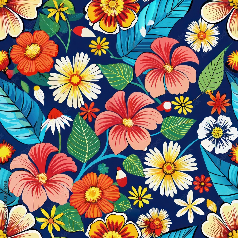 Seamless pattern of vibrant flowers in full bloom, like hibiscus and daisies, Generative AI