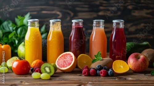 Glass bottles filled with freshly squeezed juice.