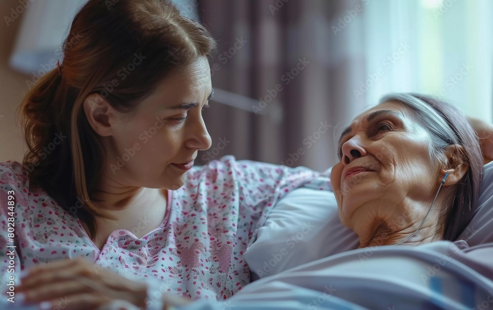 Daughter supports sad and dying woman with tumor in hospital. Daughter supports sad and dying woman with tumor in hospital.
