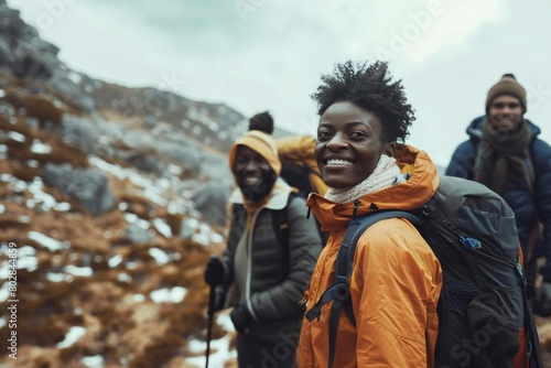 African American Team Hiking Mountain Trail in Brazil photo