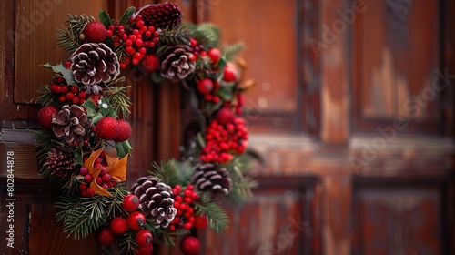 Festive wreath on the door, copy space © CLOVER BACKGROUND