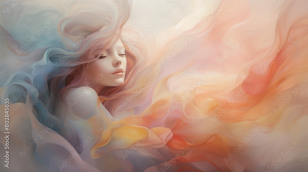 Ethereal Whispers abstract illustration - Generative AI. Women, face, colorful, clouds. Ethereal Whispers abstract illustration - Generative AI. Women, face, colorful, clouds.