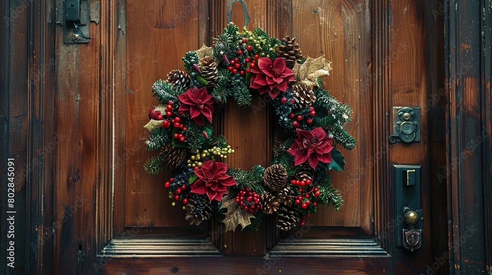 Festive wreath welcoming visitors, copy space, Festive wreath welcoming visitors, copy space,