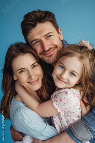  photo of beautiful caucasian family woman and man with little girl smiling and hugging isolated on blue color background