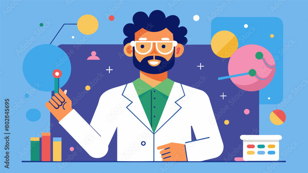 A scientist with bipolar disorder uses their heightened creativity to design a new od for analyzing data leading to more accurate results in research. Vector illustration A scientist with bipolar disorder uses their heightened creativity to design a new od for analyzing data leading to more accurate results in research. Vector illustration