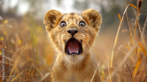 Lion cub with shocked and amazed expression photo