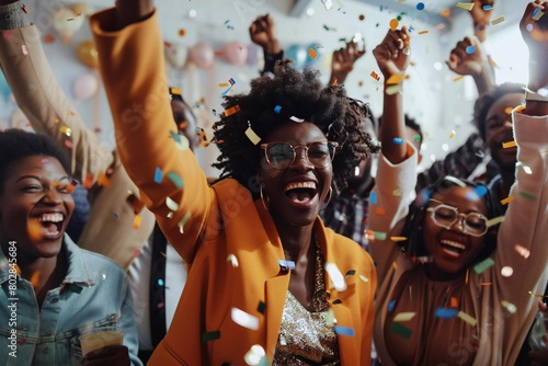 Group of diverse African American businessmen celebrate victory