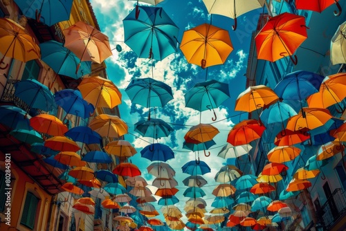 Colorful umbrellas arranged in the sky for decoration