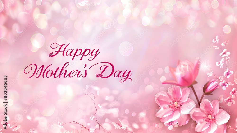 A vibrant display of pink flowers with a festive Happy Mother's Day message on a textured pink background.