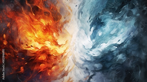 Fire and ice abstract illustration - Generative AI. Fire, ice, orange, blue, abstract.