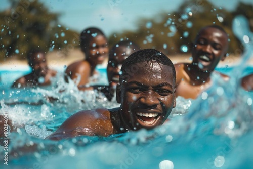 Excited team of black American and Brazilian people playing in water at summer pool party