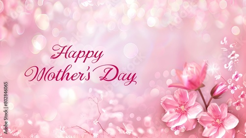 A vibrant display of pink flowers with a festive Happy Mother's Day message on a textured pink background.