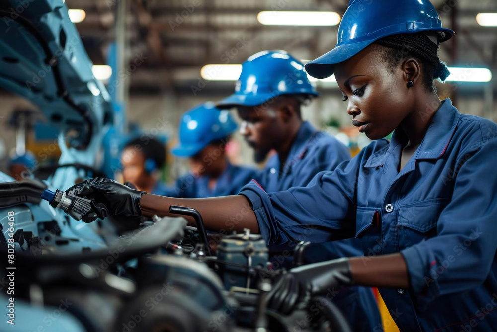 Group of African American and Brazilian people team up for hybrid car maintenance service and battery check Group of African American and Brazilian people team up for hybrid car maintenance service and battery check