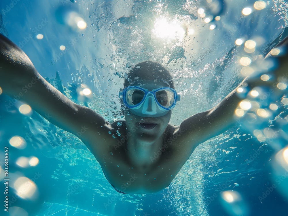 A person swimming underwater, sunlight filtering through the water above, creating a luminous, energetic scene.