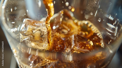 Close-up of ice cubes in cola water.
