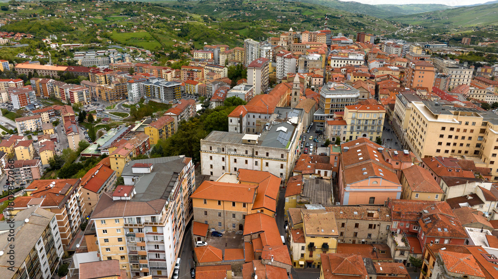 Aerial view of Piazza Prefettura in Potenza, Basilicata, Italy. It is one of the most important squares in the city and is located in the historic center of the Lucanian capital.