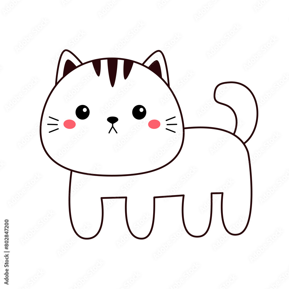 Fototapeta premium Cat kitten standing. Face head line contour silhouette icon. Funny kawaii doodle animal. Pink cheeks, ears. Cute cartoon character. Pet collection. Childish style. Flat design. White background Vector