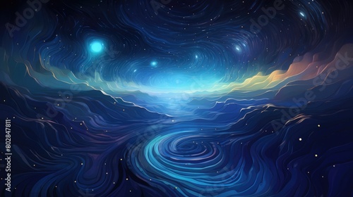 Galactic ripples abstract illustration - Generative AI. Cosmic, wave, dark, blue.