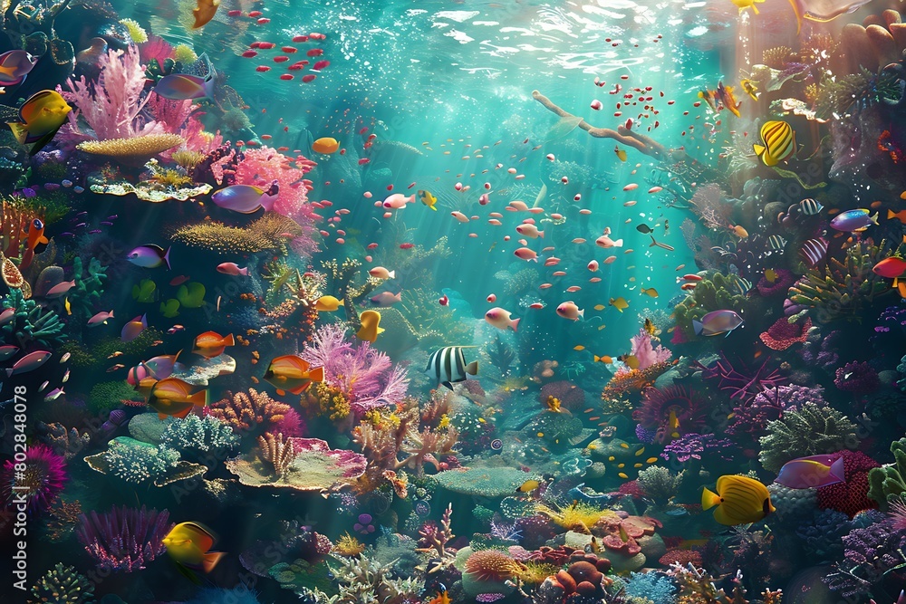 A vibrant coral reef ecosystem teeming with colorful fish thrives in a sunlit lagoon.