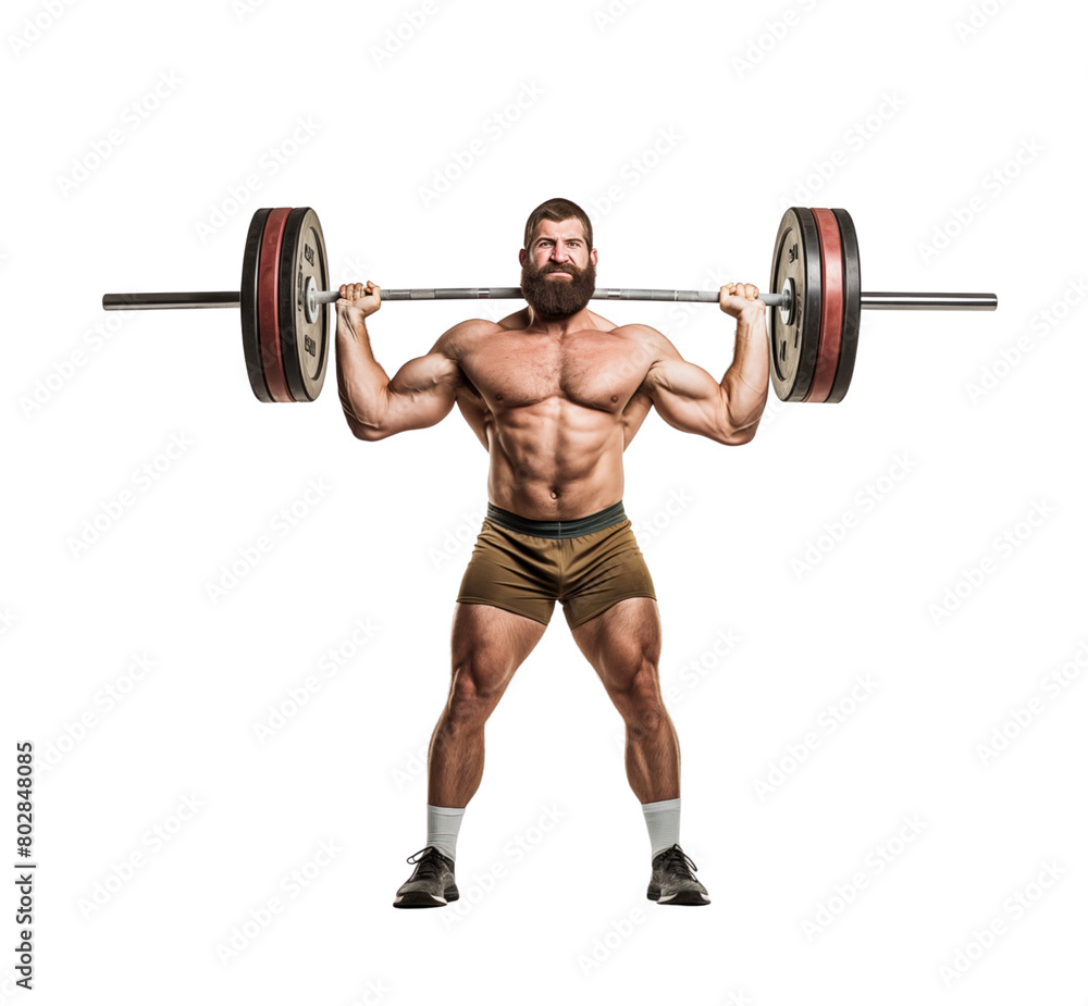 A muscular man is squatting with a heavy barbell lifted, isolated on a transparent background. Generative AI A muscular man is squatting with a heavy barbell lifted, isolated on a transparent background. Generative AI