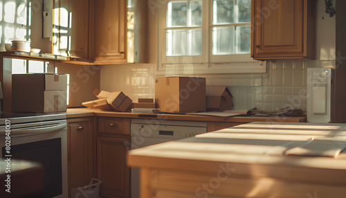 Counters with cardboard boxes in kitchen on moving day