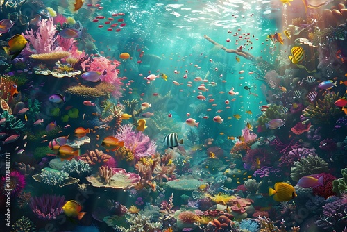 A vibrant coral reef ecosystem teeming with colorful fish thrives in a sunlit lagoon.