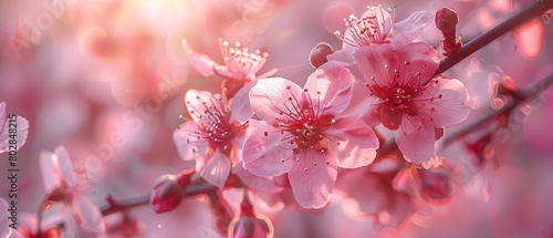A close-up photo of a pink cherry blossom branch, with delicate petals and soft sunlight filtering through © Atthasit