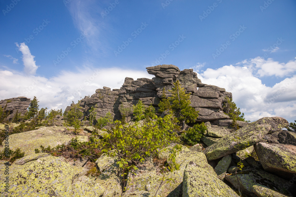 Remnants pillars on Mount Zelenaya. Sheregesh, Russia