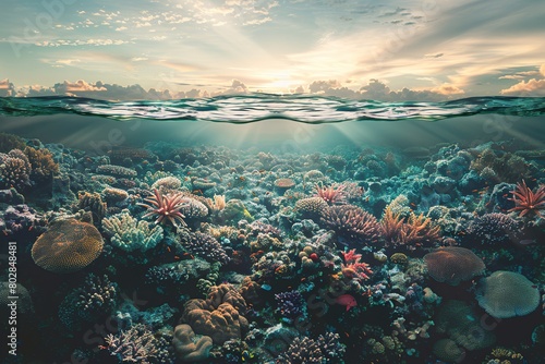 An image of a vibrant coral reef transitioning into a barren underwater landscape, highlighting the need for ocean preservation photo