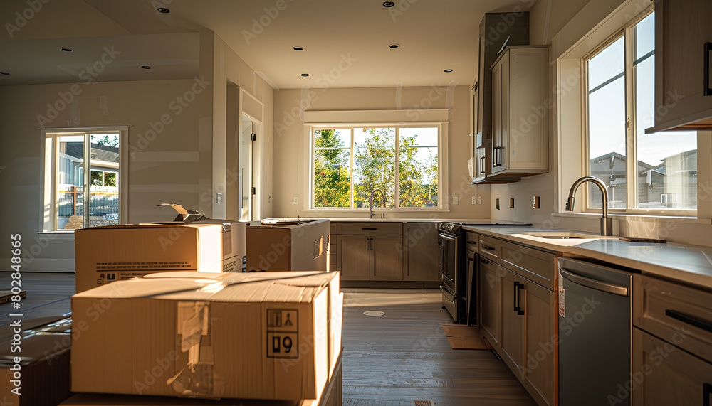 Counters with cardboard boxes in kitchen on moving day Counters with cardboard boxes in kitchen on moving day