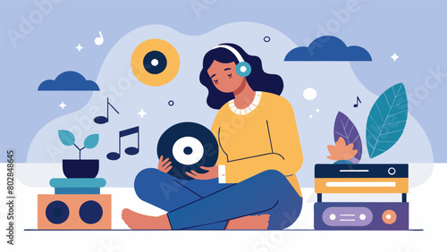 A woman recovering from a traumatic event finds solace in a music therapy session using vinyl records. The the carefully selects songs that help her Vector illustration